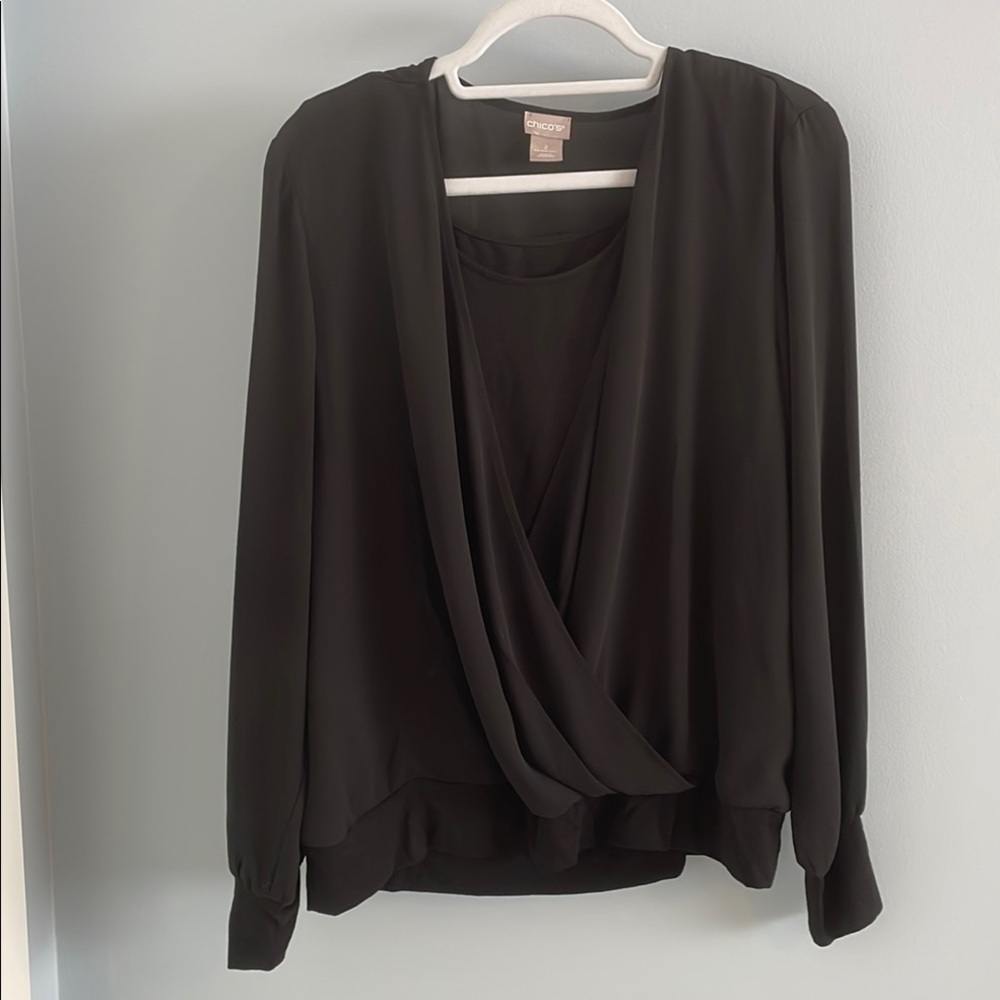 Chico's black long-sleeved draped blouse with crossover front detail, women's L